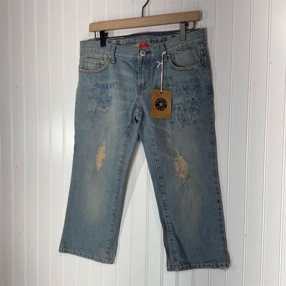 Y2K Vanilla Star Floral Embroidered Low Rise Jeans NWT Distressed Size 9 - Picture 1 of 7